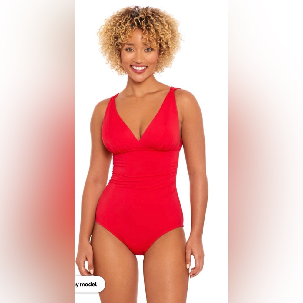 NEW Slimming Plunge VNeck Detailed Straps Red One-Piece Swimsuit 8/10